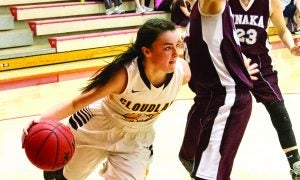 Star Photo/Larry N. Souders Cloudland’s Lisa Ellis (23) looks for an outlet pass as she drives baseline on the Lady Ranger’s Katlyn Weaver (32) in District One semi-final action Monday night.